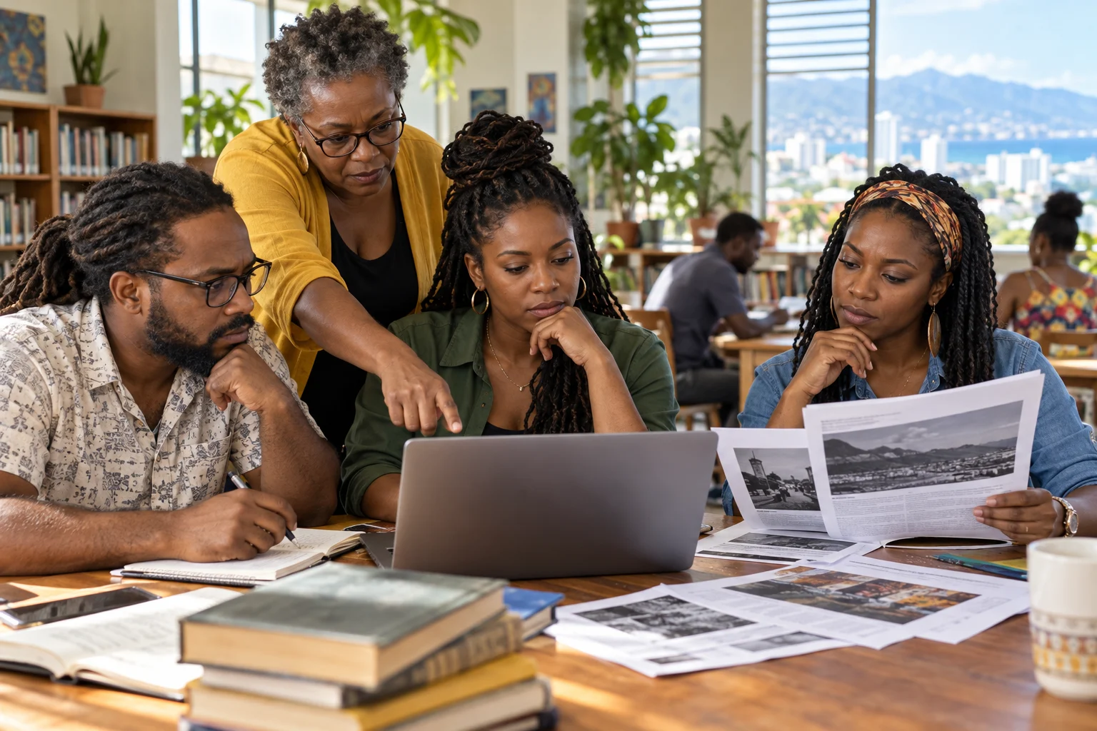 AI-generated editorial scene of Jamaica adults reviewing local knowledge and decisions