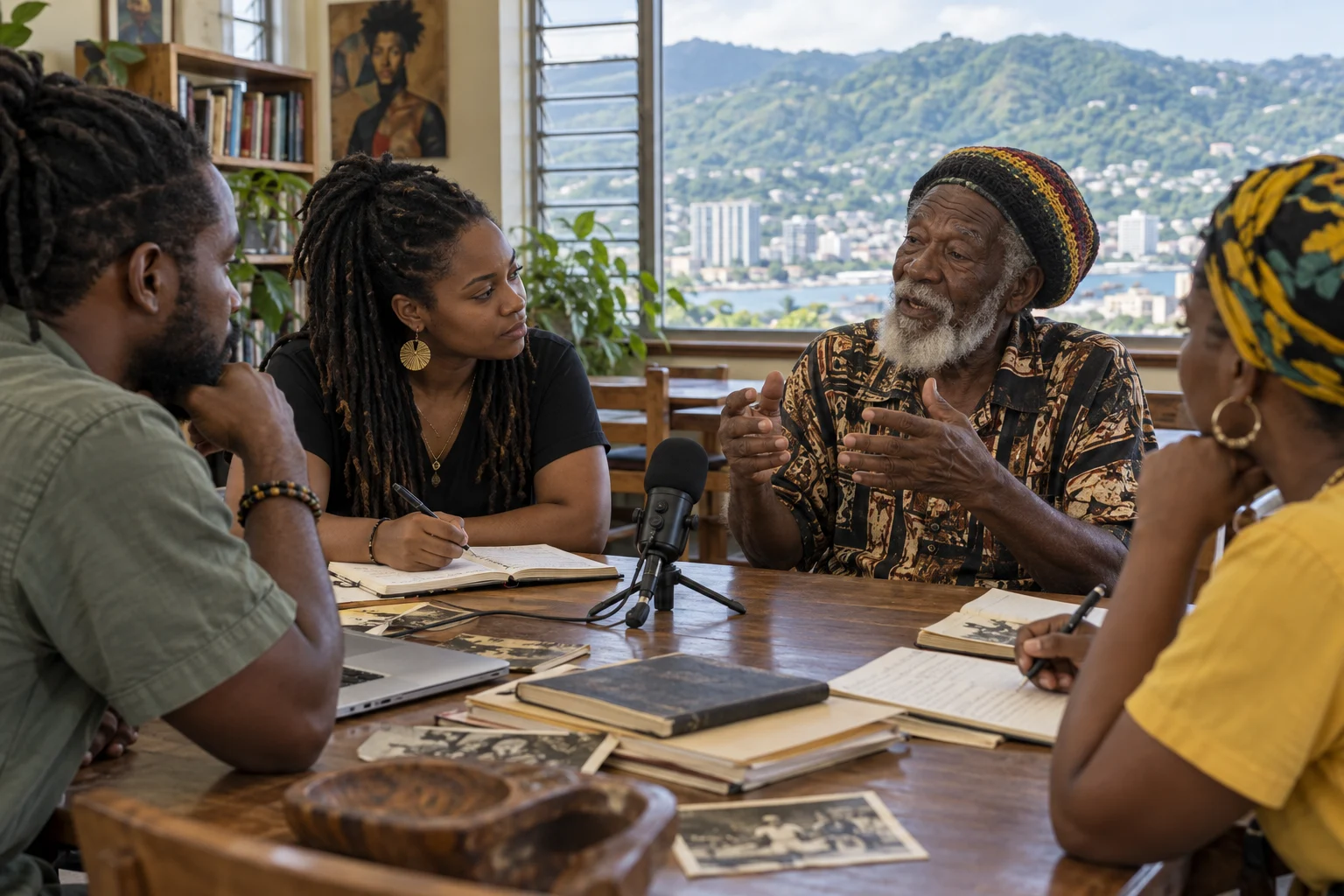 AI-generated editorial scene of Jamaica adults reviewing local knowledge and decisions