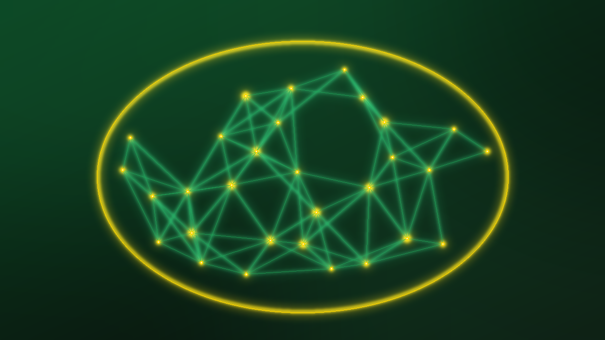 An abstract neural mesh held inside a glowing protective boundary, a visual metaphor for an AI model kept under local and sovereign Caribbean control